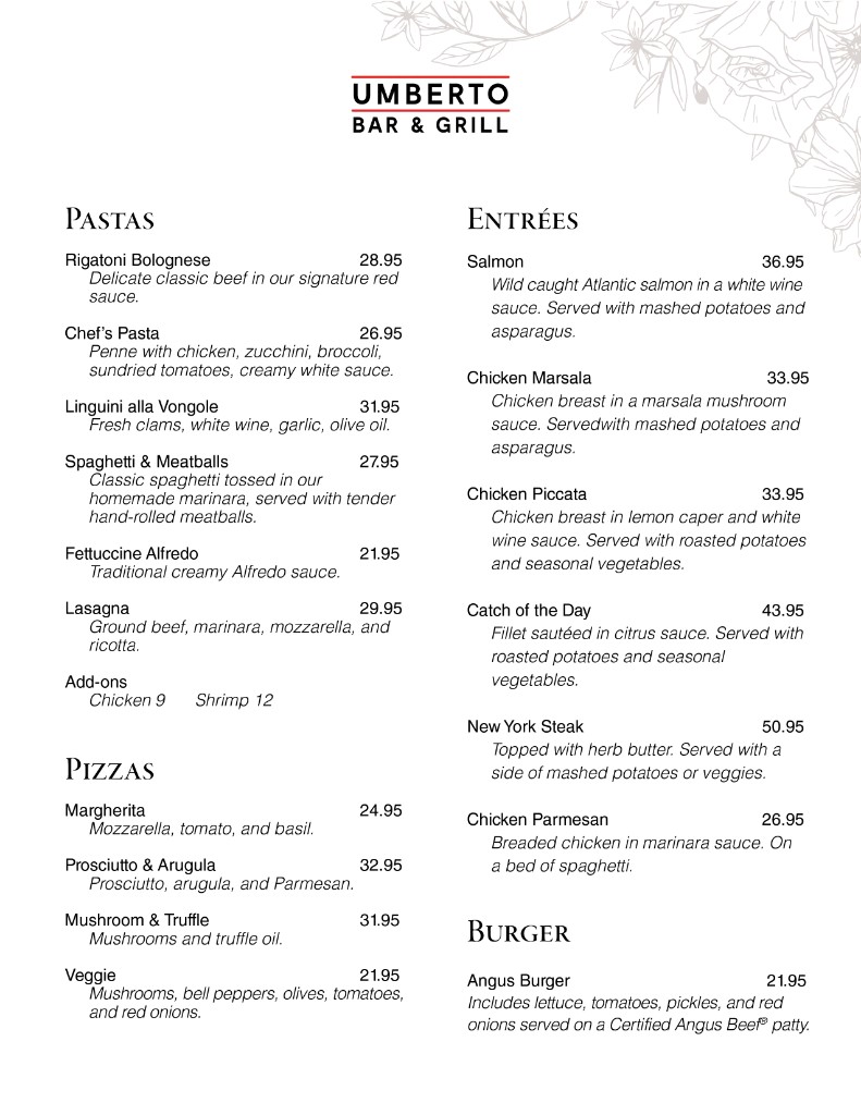 Umberto Bar & Grill menu: pastas, pizzas, and entrees
