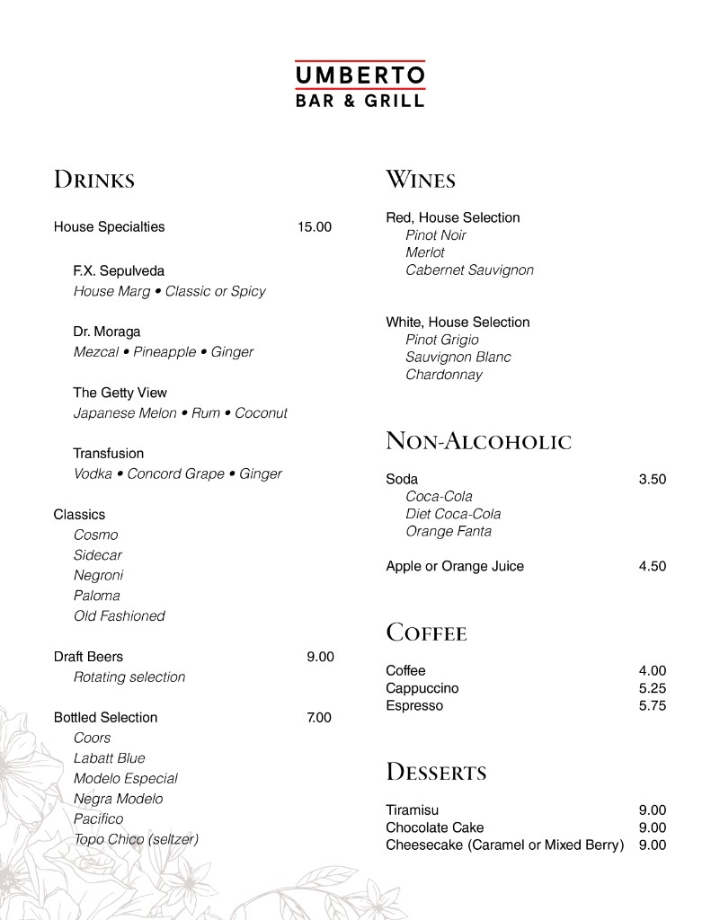 Umberto Bar & Grill menu: drinks, wine, and desserts